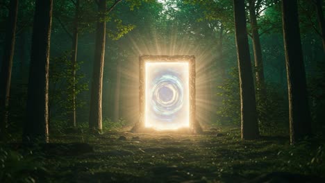 A Mysterious Portal Emerges in a Lush Forest, Radiating Light and Energy, Inviting Exploration into a World Beyond the Ordinary