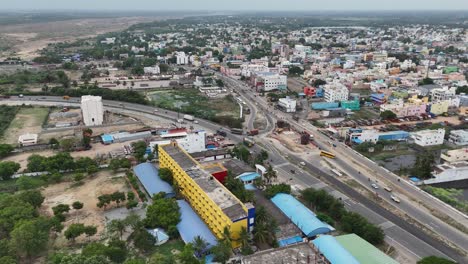 Elevated-view-of-a-long-stretch-of-the-highway-with-busy-traffic