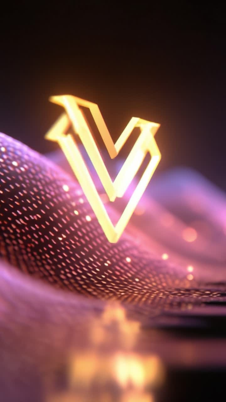 Visualizzazione cinematografica di un logo geometrico luminoso su una superficie dinamica, che esibisce colori radiosi e uno sfondo astratto accattivante.