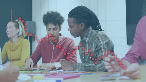Animation of financial data processing over diverse business people in office