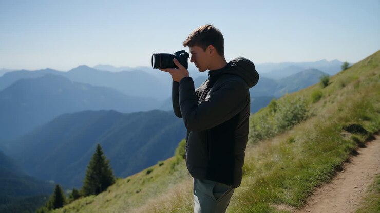 Fotografo che scatta foto in montagna