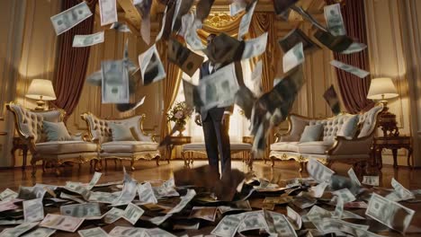 man in a suit standing in a luxurious room filled with money