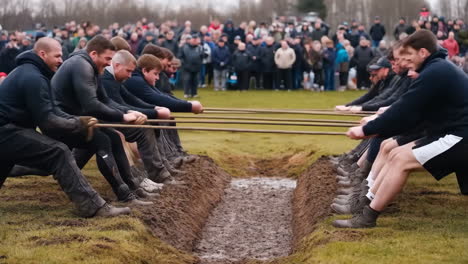 intense tug-of-war competition over a muddy trench