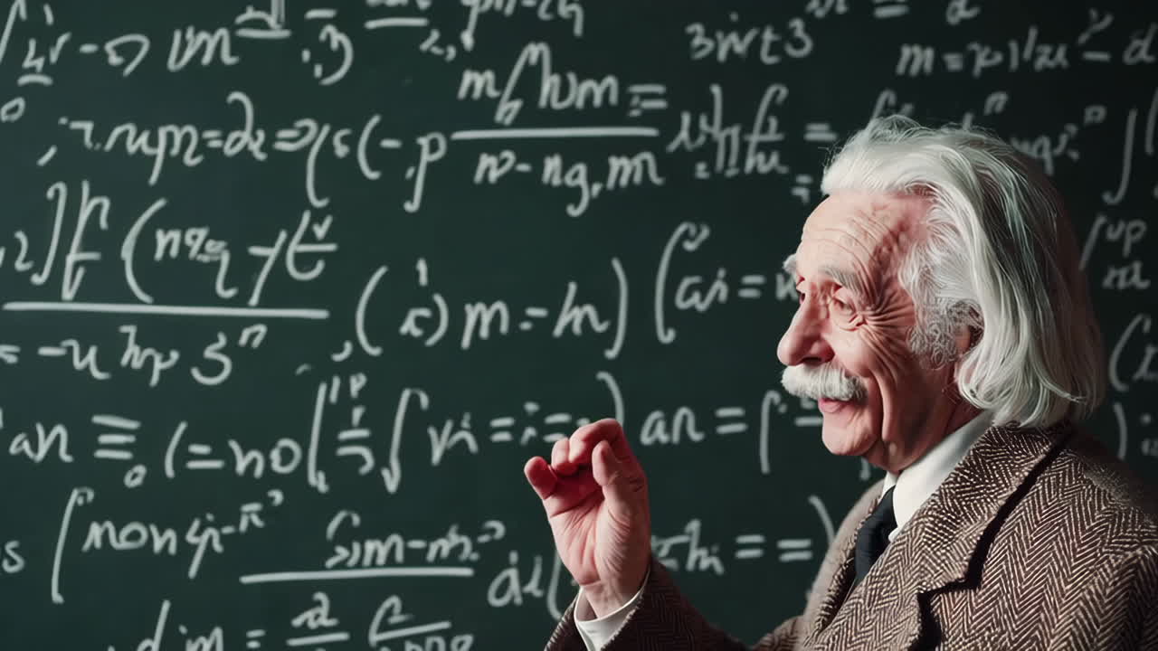 Portrait of a Scientist in Front of a Chalkboard Filled with Equations