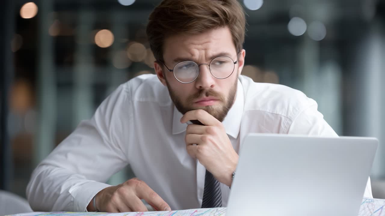 A Thoughtful Professional Evaluating Data with Intense Focus and Concern, Analyzing Information on Laptop During Reflection in Modern Workspace Environment