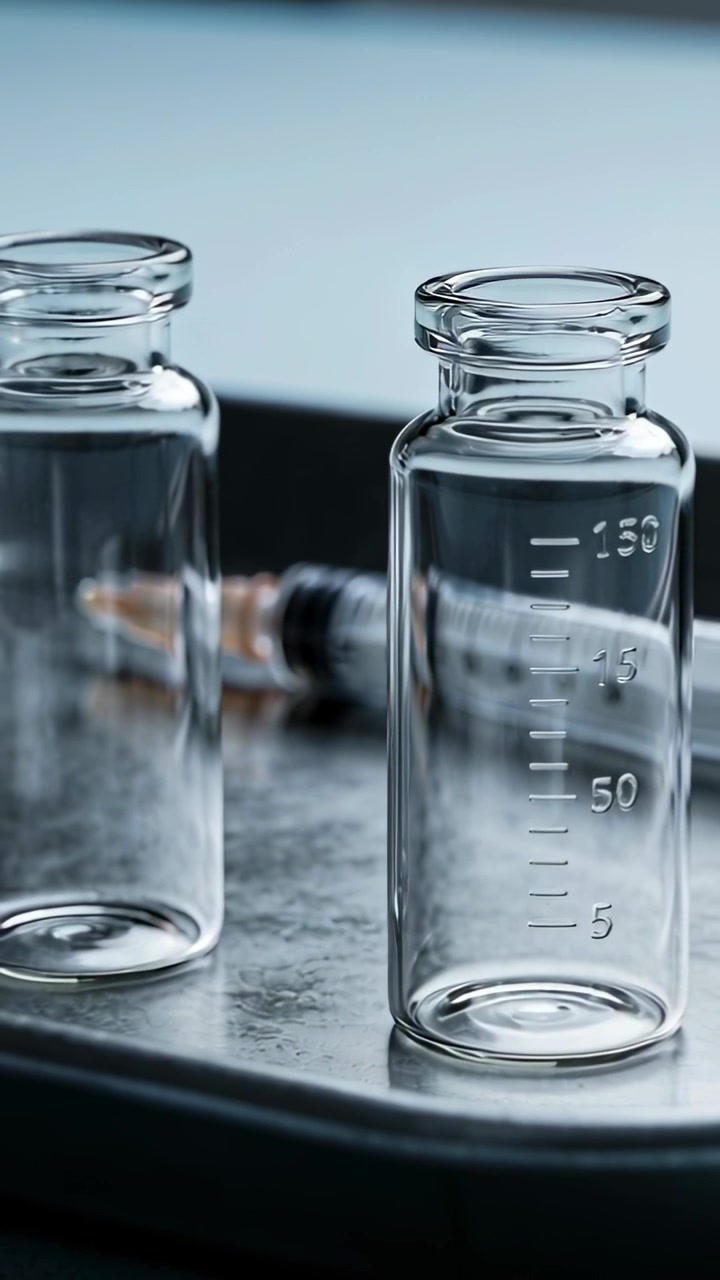 Vertical video: Pulling camera, showing two vials marked 150,50,5 on lab tray syringe behind