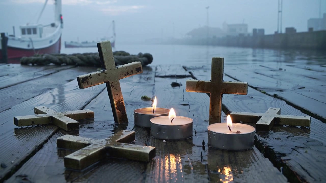 Câmera recuando revelando memorial de 3 velas tealight, cruzes de metal em cais molhado em memória.