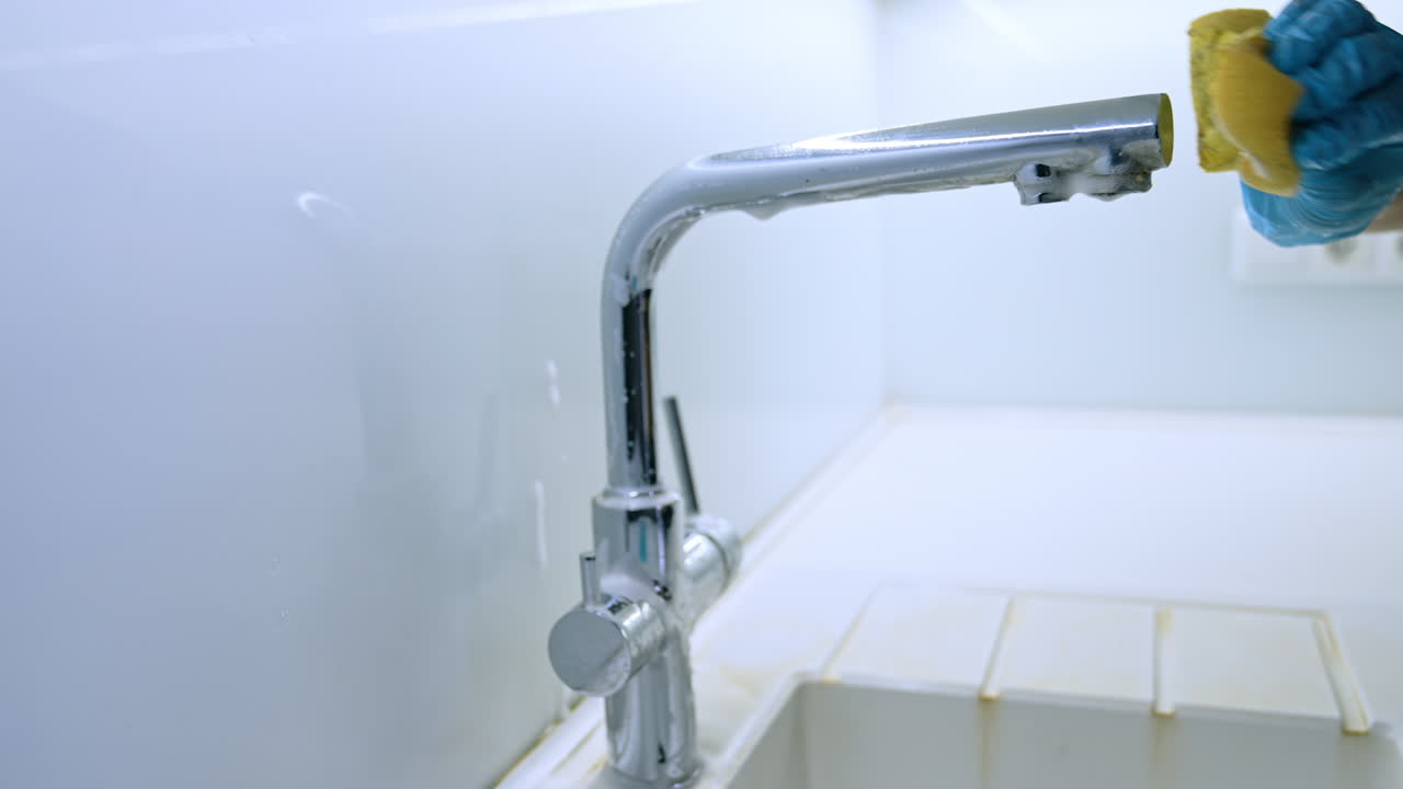 Cleaning faucet with sponge. A person is scrubbing a shiny kitchen faucet with a sponge while wearing a blue glove in a bright environment