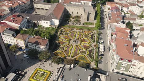 aerial panoramic circling view of famous santa barbara garden in braga, portugal