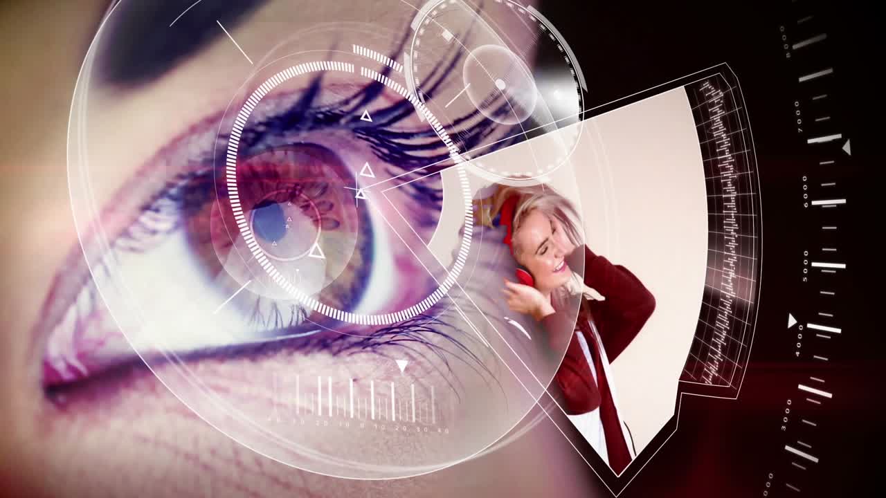 Animation of data processing, scope and network of connections over woman