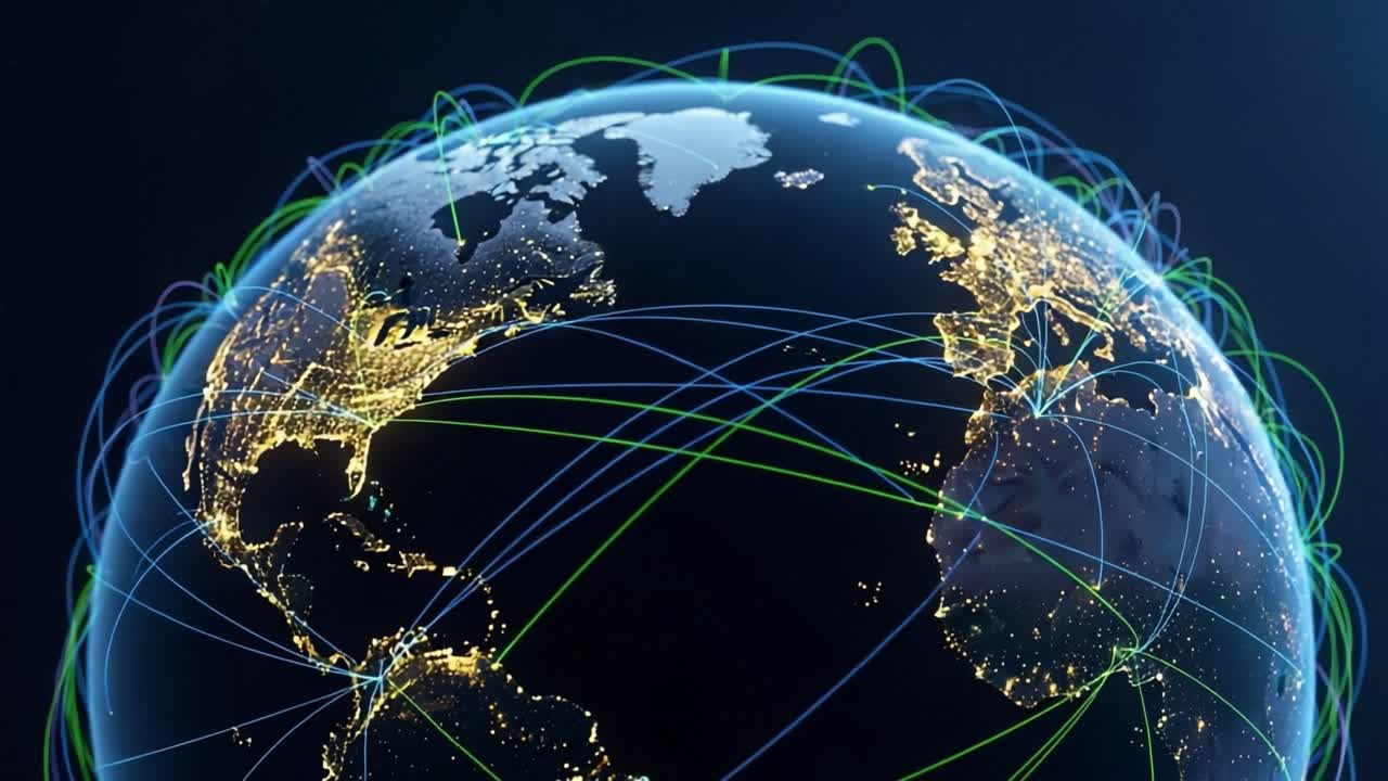 Global Network Connectivity: A Stunning Visual Representation of Earth with Dynamic Data Flow Lines Illustrating International Interconnectivity and Digital Communication