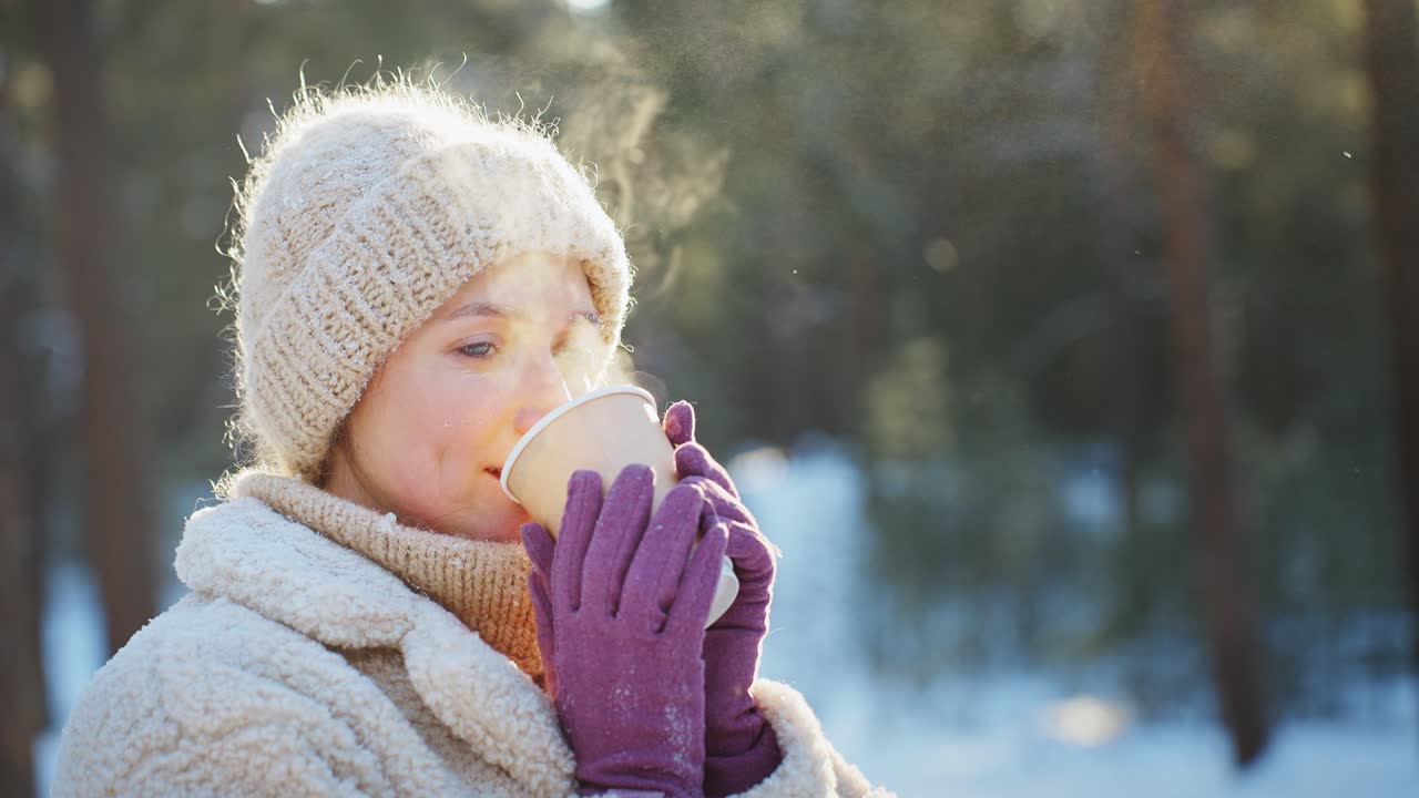 Woman enjoying a hot drink in a snowy forest