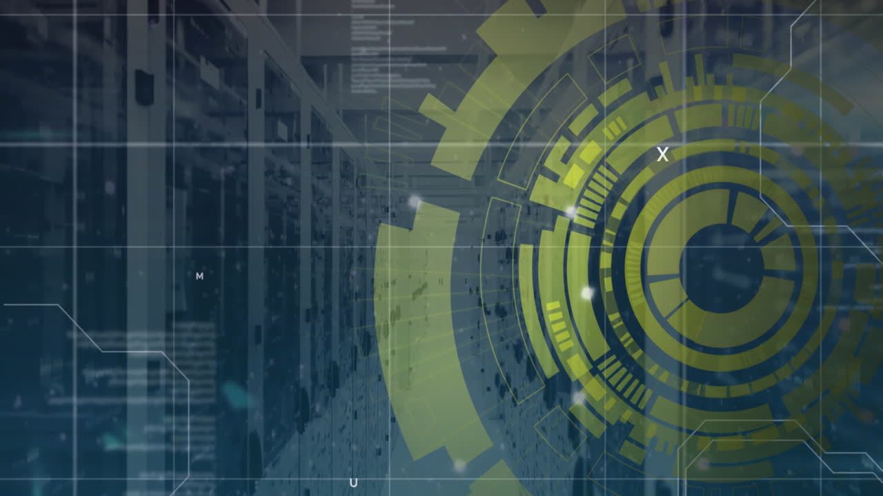 Animation of spinning round scanner and data processing against computer server room