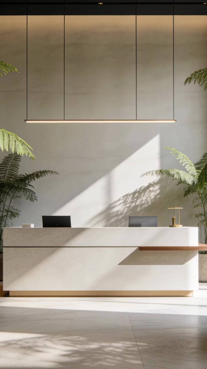Video verticale: Luce solare mutevole che si sposta a causa delle nuvole sul banco della reception, modificando l'ombra di una palma.