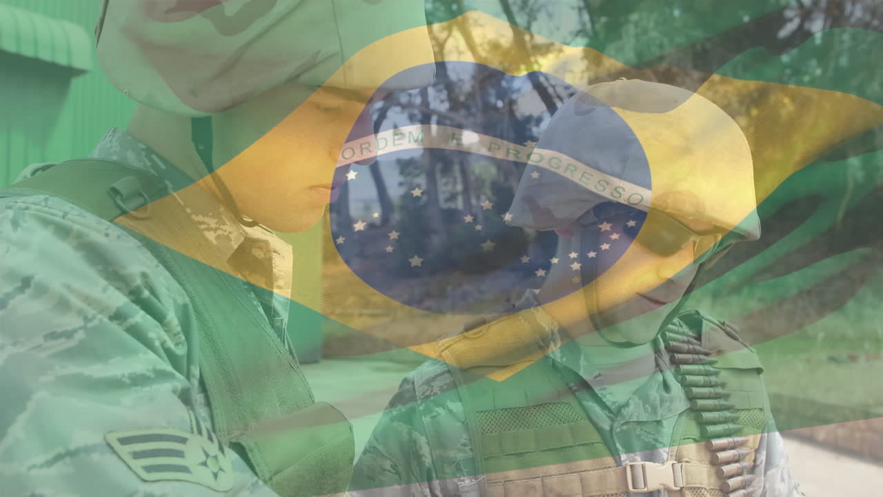 animación de formas y bandera de brasil sobre soldados caucásicos
