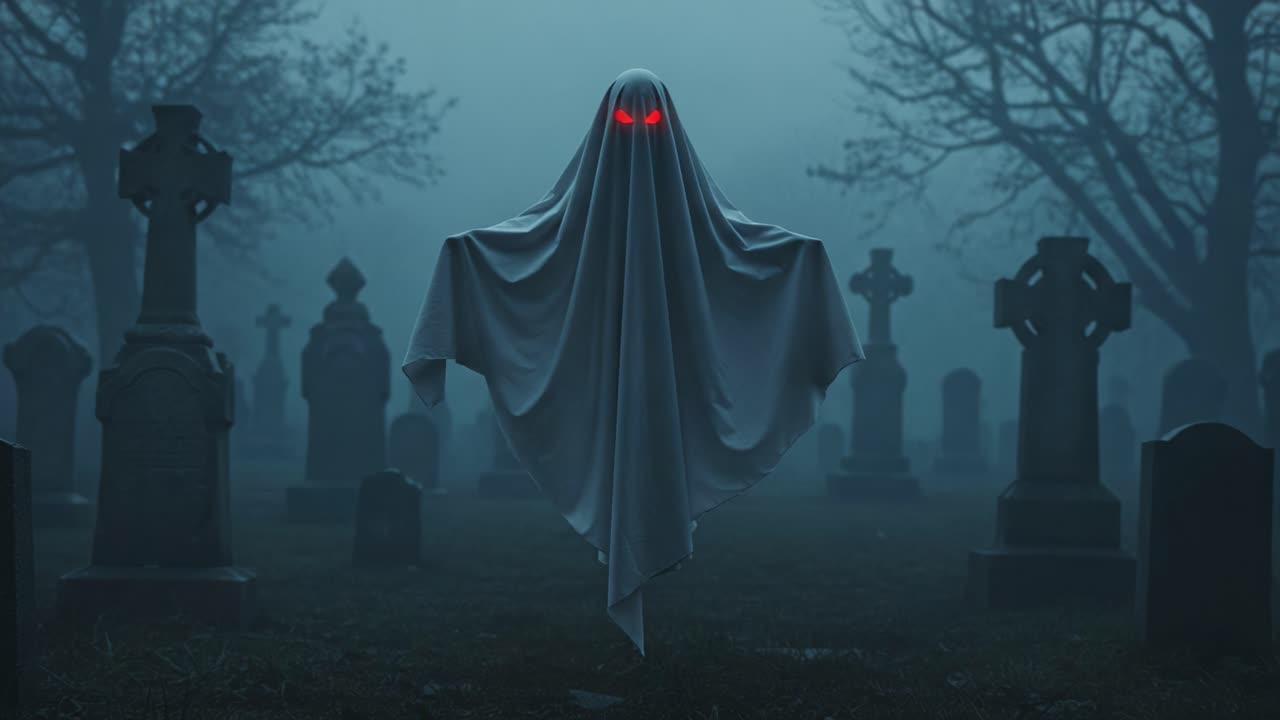 Eerie Presence in the Graveyard: A Ghostly Figure with Glowing Red Eyes Haunts the Foggy Cemetery Landscape, Creating an Atmosphere of Spookiness and Mystery