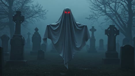 eerie presence in the graveyard: a ghostly figure with glowing red eyes haunts the foggy cemetery landscape, creating an atmosphere of spookiness and mystery