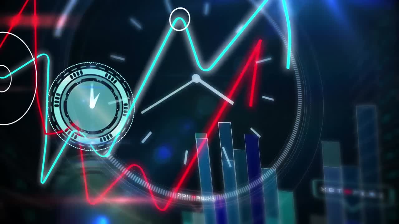 Animation of neon ticking clock and statistical data processing against blue background