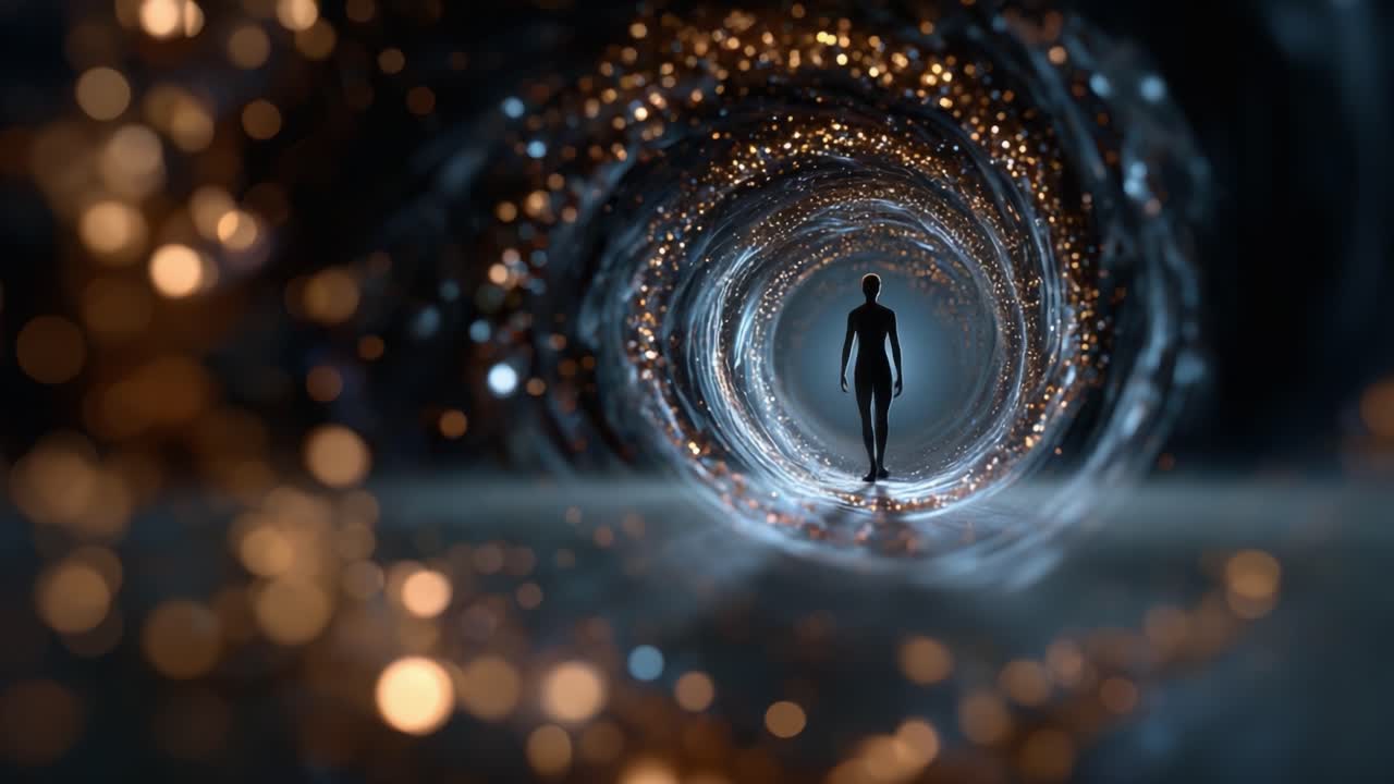 A solitary figure walks through a surreal tunnel of light, shimmering with golden orbs and intricate details, creating an ethereal and mesmerizing atmosphere