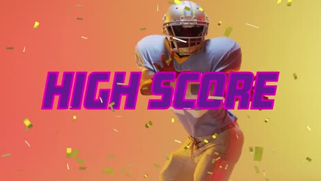 animación de texto de puntaje alto sobre jugador de fútbol americano y confeti