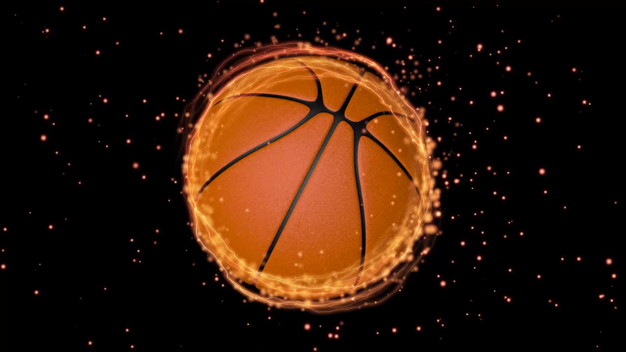 Spinning basketball ball inside evolving particle ring
