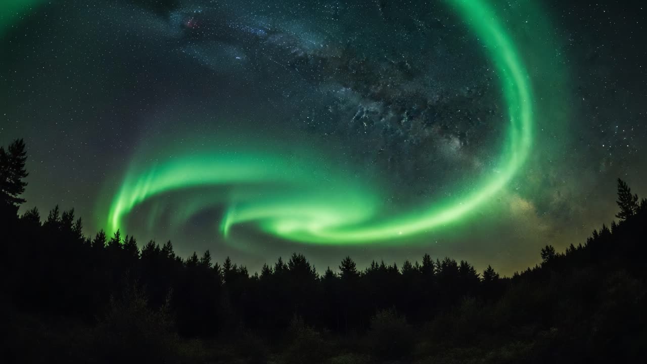 Swirling Green Aurora Borealis Over Forest at Night
