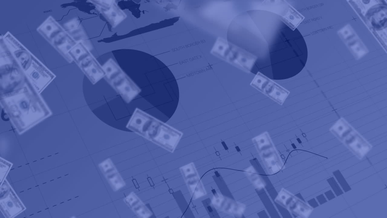 금융 데이터 처리를 통해 떨어지는 미국 달러 지폐의 애니메이션