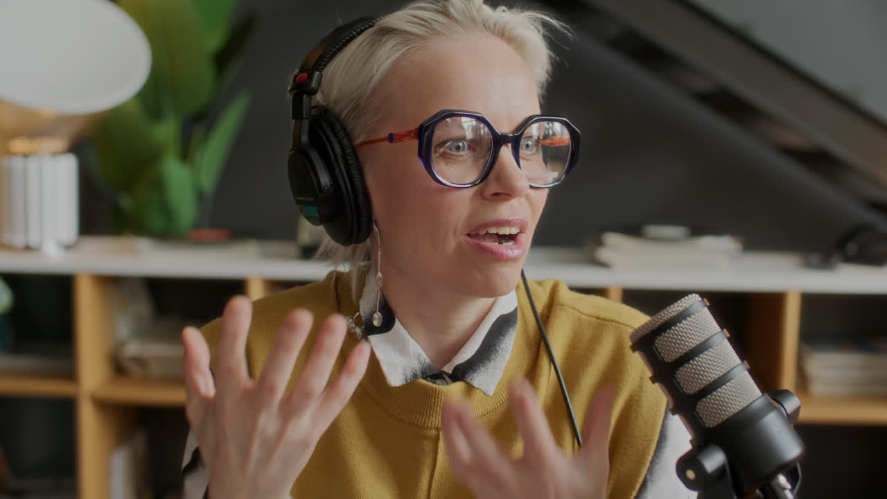 Kvindelig podcastvært taler i mikrofon og smiler under optagelsessession.