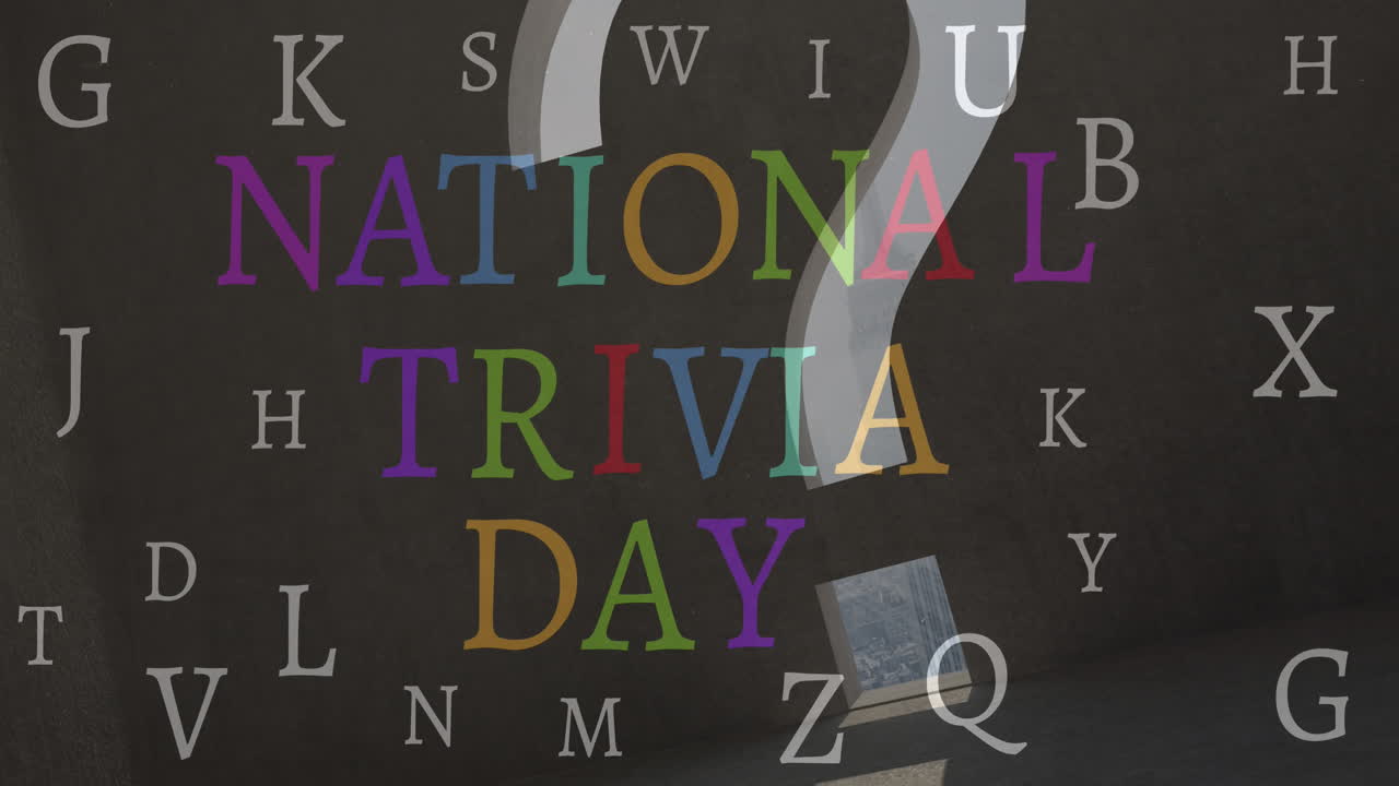 Animation of national trivia day text and question mark on black background