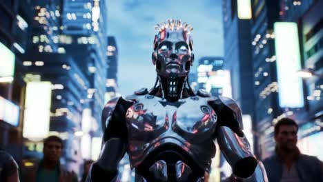 futuristic cybernetic being standing tall amongst the crowds in a neon-lit urban landscape, exuding strength and technological advancement in a sci-fi theme