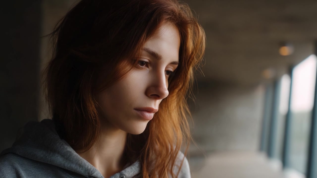 Una Giovane Donna Contemplativa Guarda Pensierosa in Lontananza, Persa nei suoi Pensieri, su uno Sfondo Minimalista con Illuminazione Soffusa e Architettura Moderna