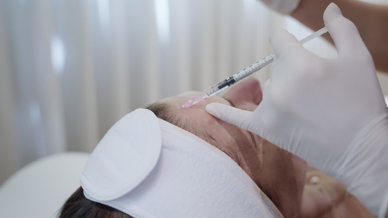 이마 보스 주사 여성이 미용 클리닉에서 미용 주사를 받고 있습니다.