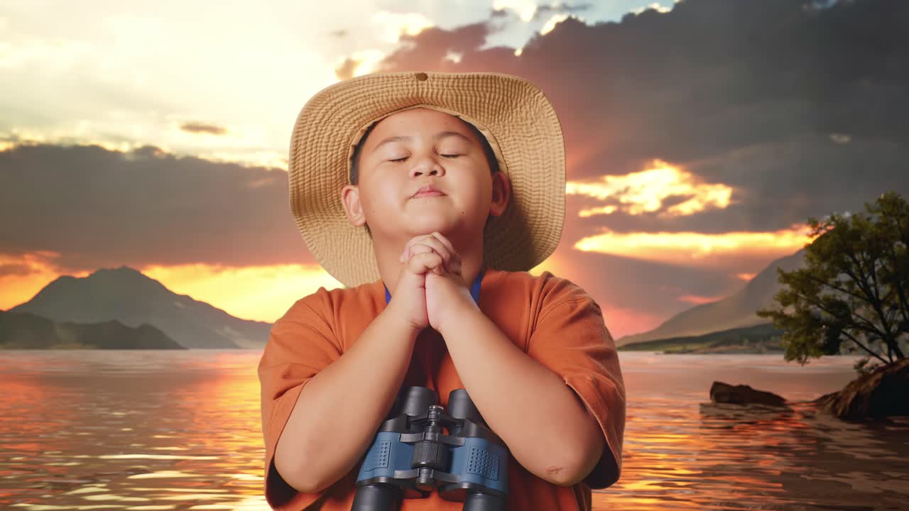 Asian Boy With A Hat And Binoculars Praying For Something At A Lake. Boy Researcher Examines Something, Travel Tourism Adventure Concept, Close Up