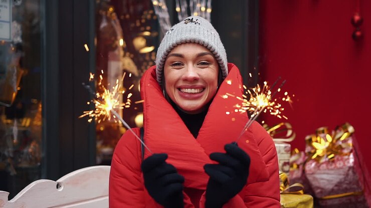 Woman celebrating with sparklers in winter