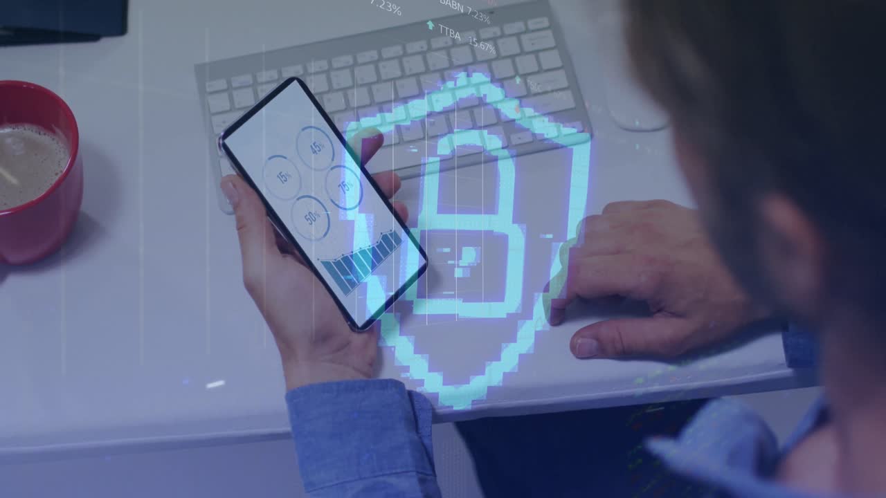 Animation of padlock icon and data processing over caucasian man using smartphone