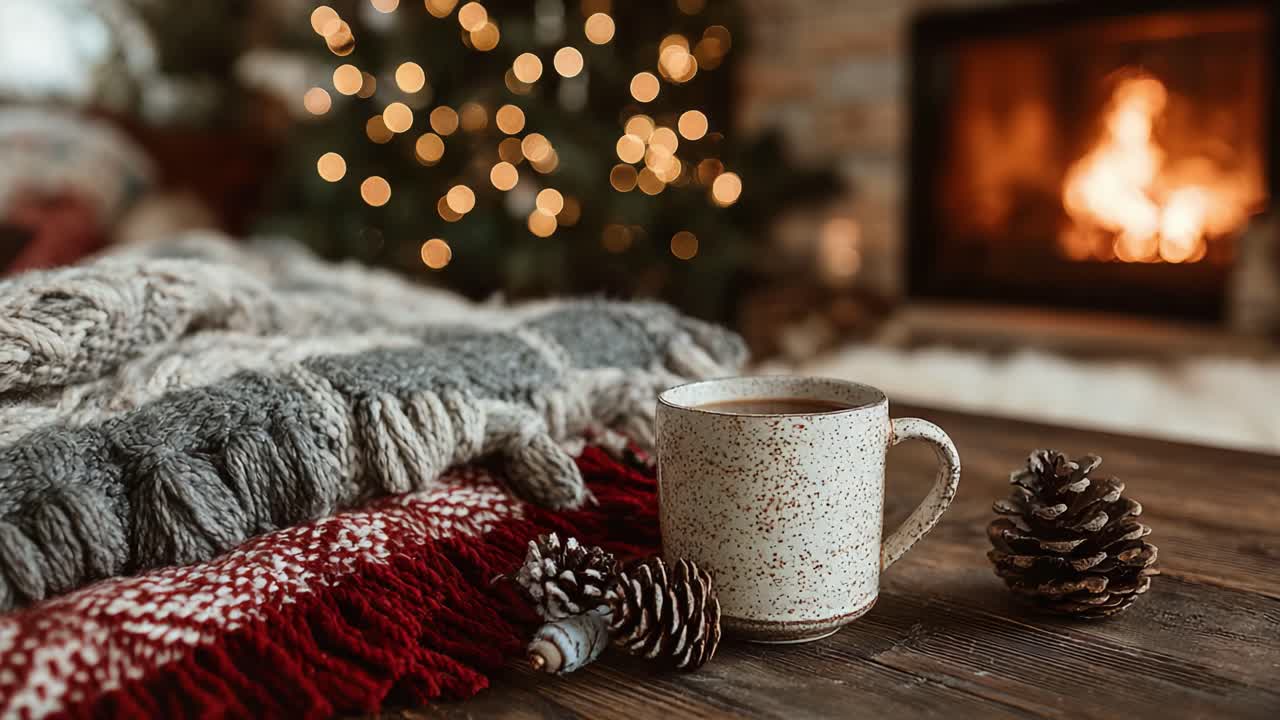 A Cozy Winter Scene Featuring a Warm Mug of Coffee by the Fireplace Surrounded by Festive Decorations and a Soft Blanket, Perfect for the Holiday Season