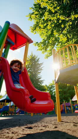 a happy child playing on a slide at a playground
