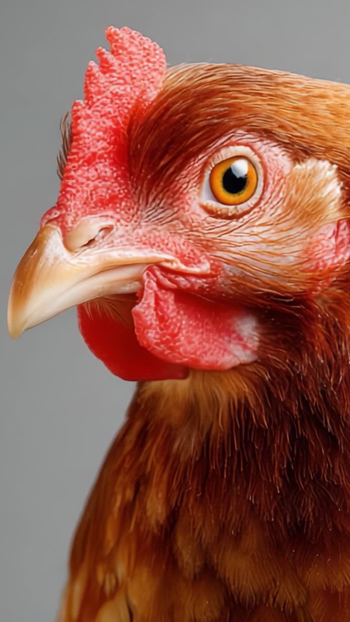Primer plano de una hermosa gallina marrón que muestra patrones detallados de plumas y un llamativo color de ojos, capturando su personalidad y características únicas.