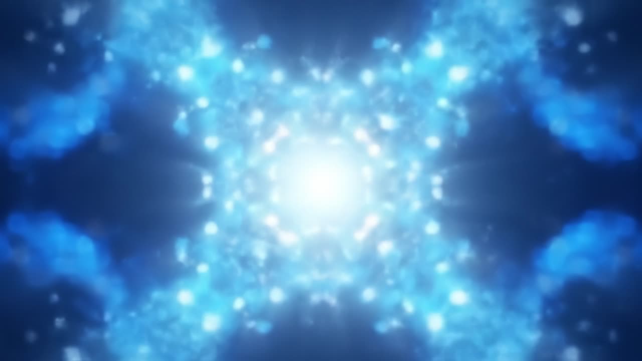 Exploring vibrant blue hues in a captivating geometric pattern, this visual journey draws viewers into a mesmerizing realm of color and light, offering a unique abstract experience filled with energy.