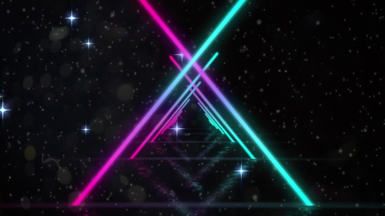 검은 바탕에 빛나는 별들과 원활한 움직임의 네온 삼각형의 디지털 애니메이션