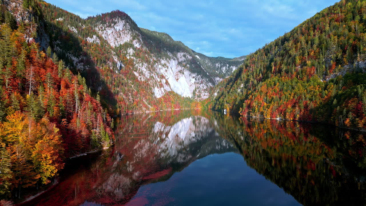 오스트리아 의 산 들 과 숲 으로 둘러싸인 토플리츠 호수 의 공중 사진
