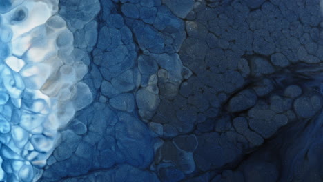inky blue and black substances mix and spread organically, forming intricate patterns, macro shot