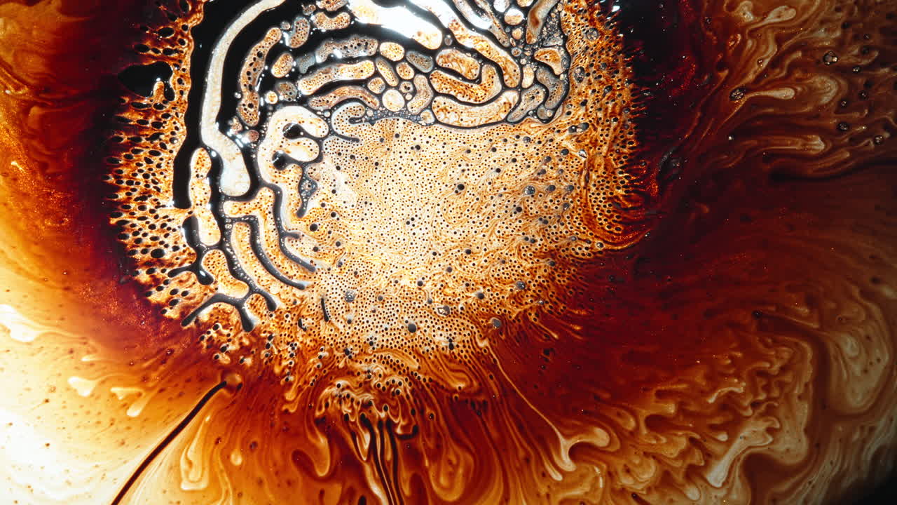 Thick, glossy liquid substances swirl and merge in a macro view, creating a dynamic texture
