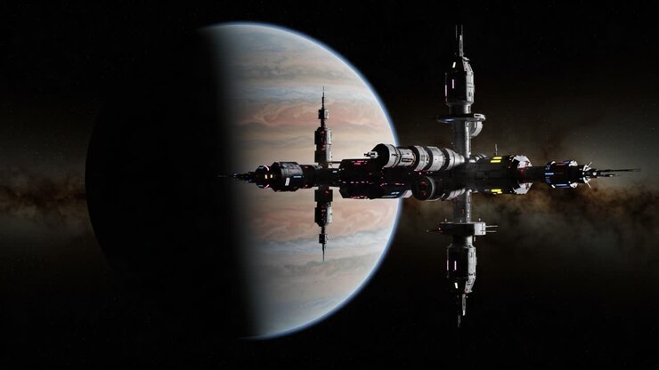 A Futuristic Space Station Orbiting a Gas Giant in the Depths of Space, Capturing the Wonder of Interstellar Travel and Cosmic Exploration