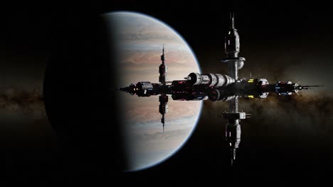 a futuristic space station orbiting a gas giant in the depths of space, capturing the wonder of interstellar travel and cosmic exploration