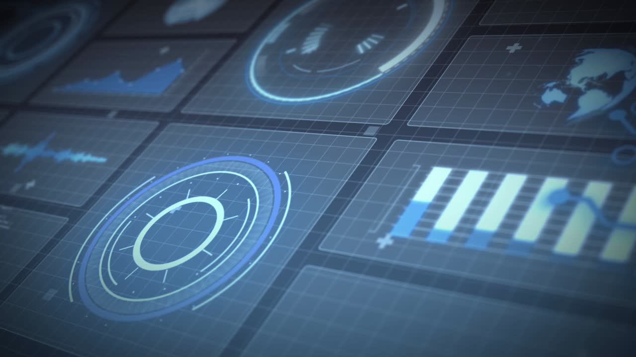 Animation of statistics recording and scopes scanning on screens over grid