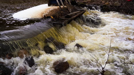 shallow muddy river flows over rocks making waterfall in early spring, pan right