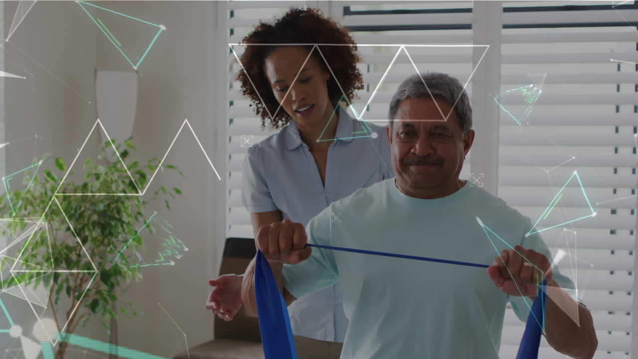 animación de formas sobre diversos médicos y pacientes haciendo ejercicio