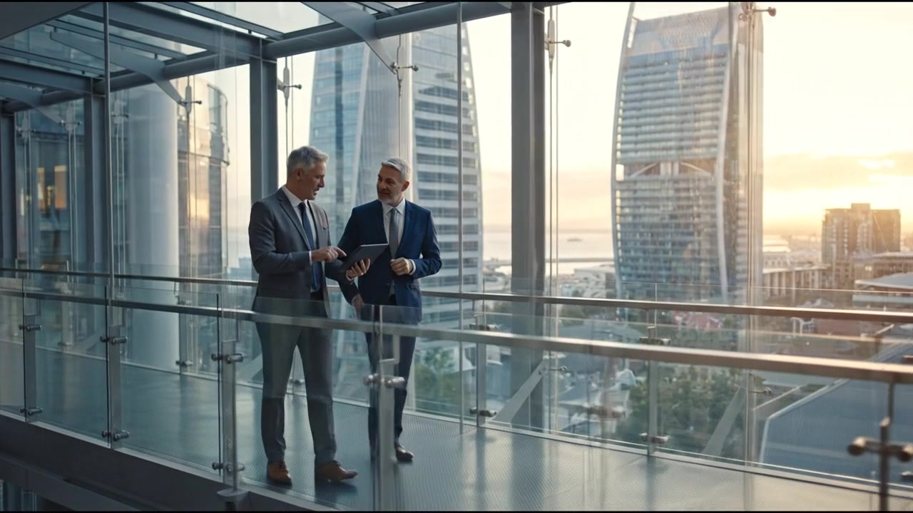 Business Executives Walking and Discussing Corporate Strategy in Modern Office Building