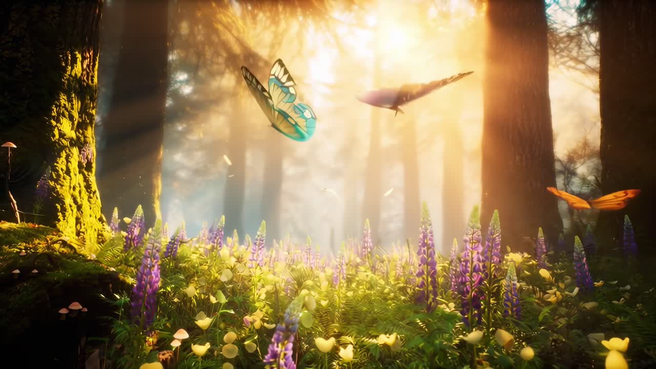 Scena di foresta magica con farfalle, ripresa dal basso, perfetta per un video fantasy